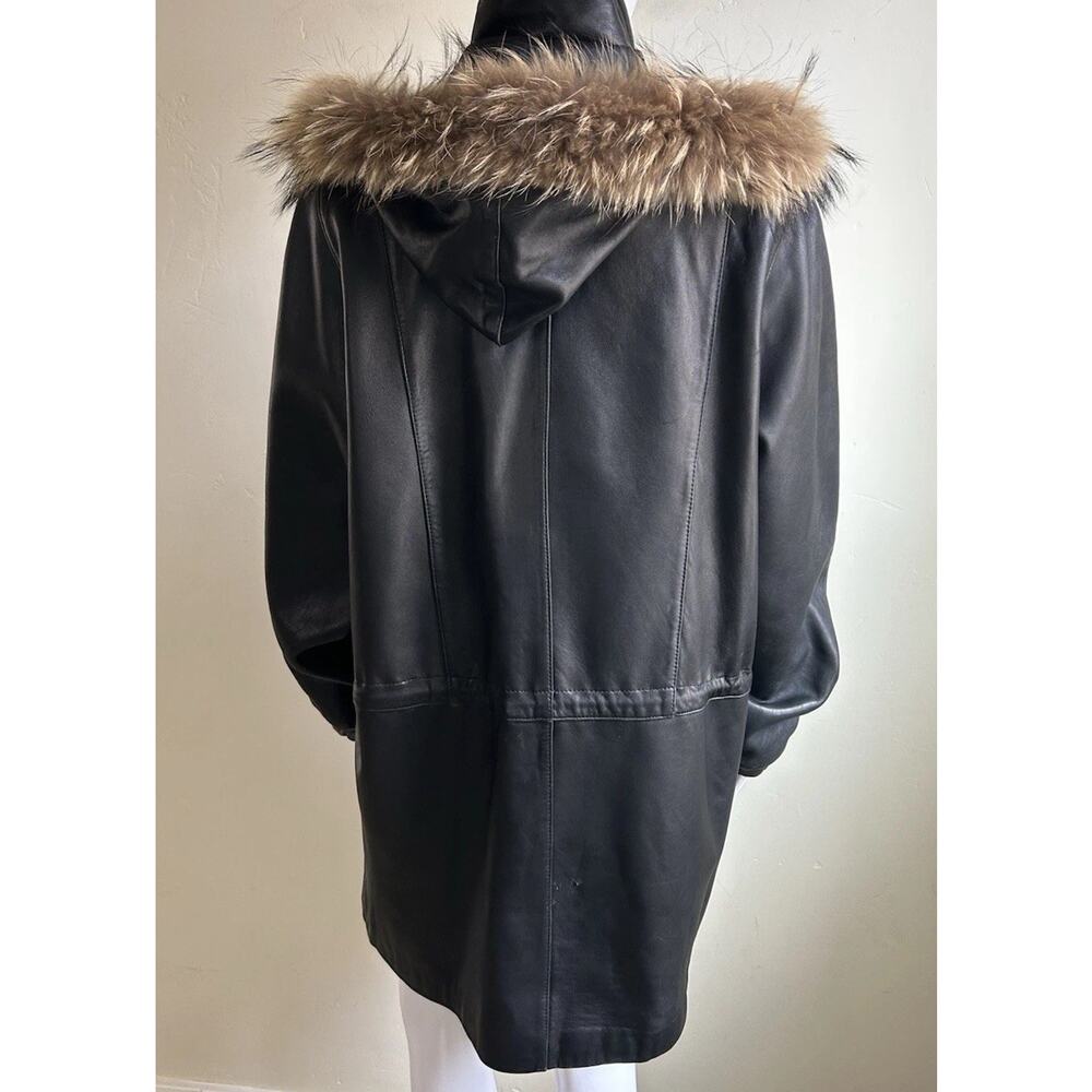 Vintage Worthington Lambskin Leather Parka Women M Raccoon Fur Hood Black Y2K - Picture 11 of 16